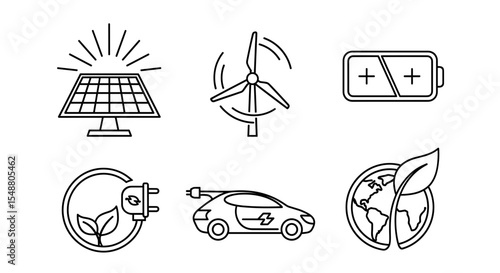 Six line art icons depicting renewable energy sources and eco friendly transportation options arranged nicely