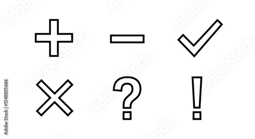 Illustration showing a plus, minus, check, cross, question mark and exclamation point, outlined shapes