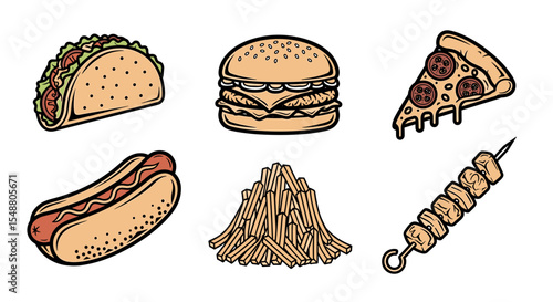 Assortment of fast food items including taco burger pizza hotdog fries and kebab illustration image
