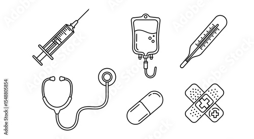 Assortment of medical equipment including syringe iv bag thermometer stethoscope pill and bandages line art