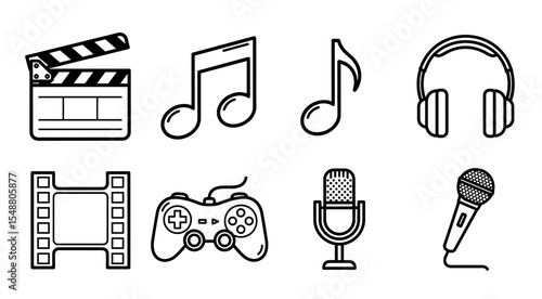 Collection of media icons including film slate music notes headphones and gaming controller vector image