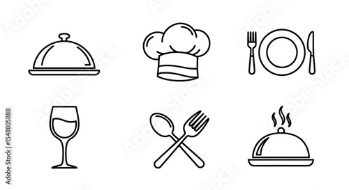 Collection of line art icons featuring culinary elements such as chef hat and dining utensils design