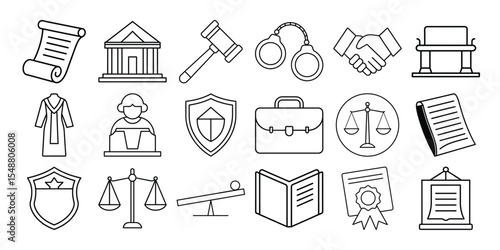 Set of law and justice line icons isolated on white background