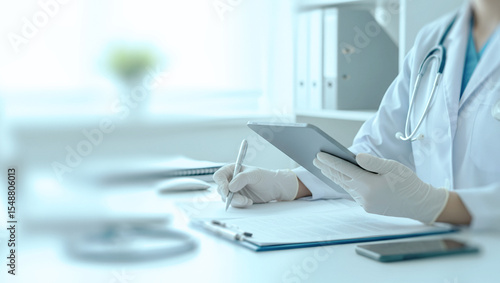 Doctor in white coat and gloves reviewing data on a tablet while writing on a clipboard at a modern healthcare office with soft natural lighting.