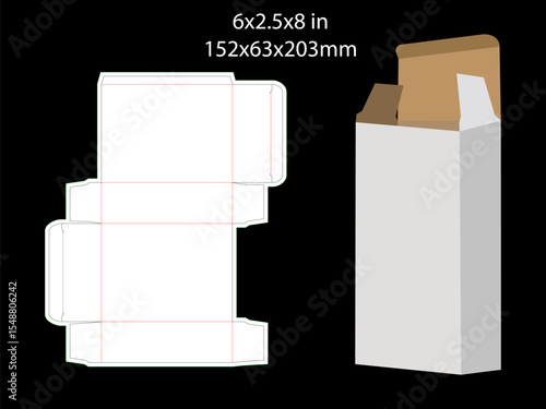 Reverse Tuck end box Dieline Template 6x2.5x8 Inch