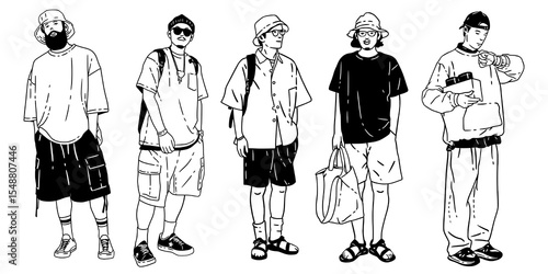 Monochrome Vector Set of Trendy Urban Fashion People