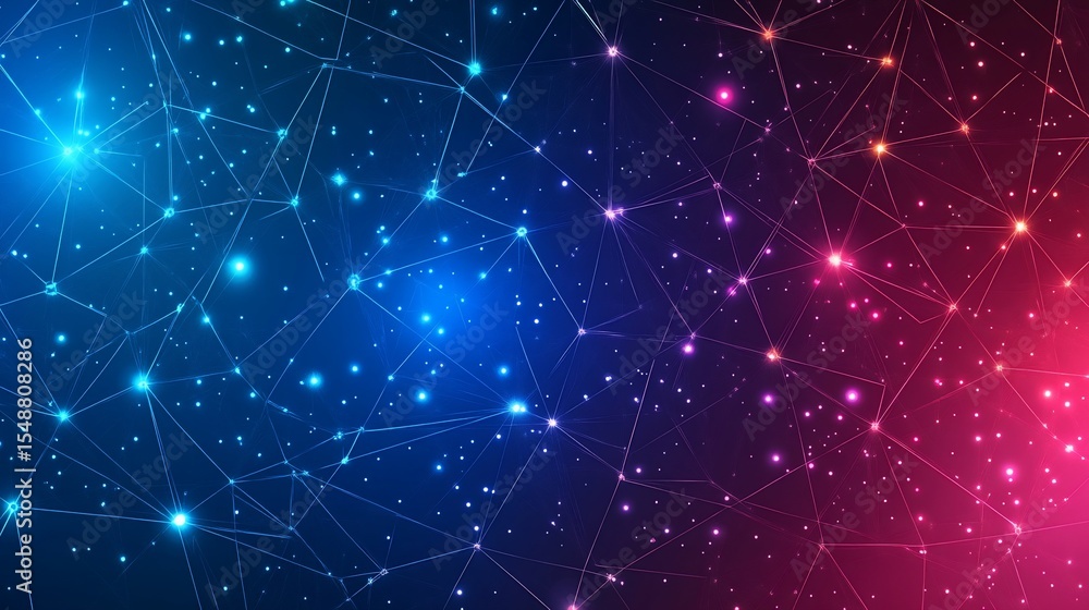 Abstract network glowing dots linked by lines, blue-pink gradient background Abstract network glowing dots linked by lines, blue-pink gradient background