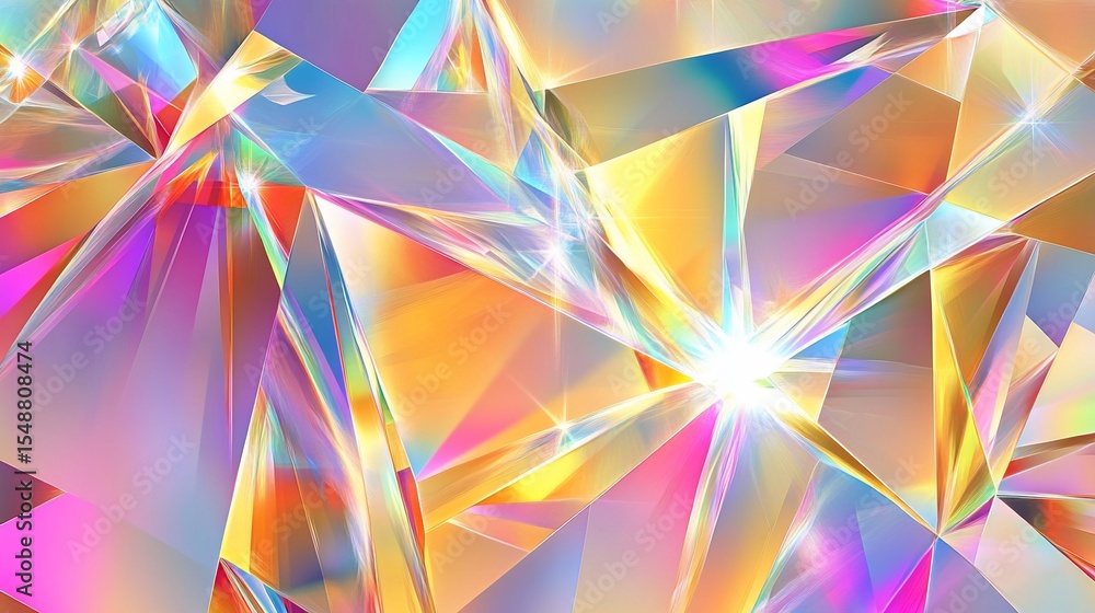 Abstract polygonal shapes, crystalline reflections, light bursting through. Soft hues of pink, yellow, orange, and blue Abstract polygonal shapes, crystalline reflections, light bursting through. Soft hues of pink, yellow, orange, and blue