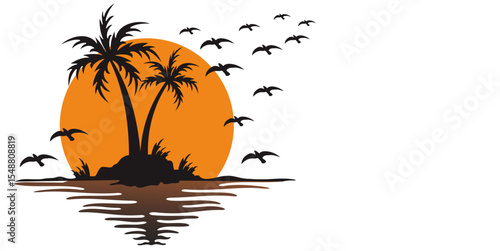 Silhouette of palm tree and flying birds with full moon light on white background vector illustration