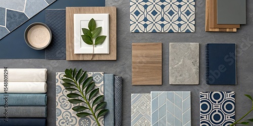 Blue and Wood Interior Design Mood Board, Tile, Wood