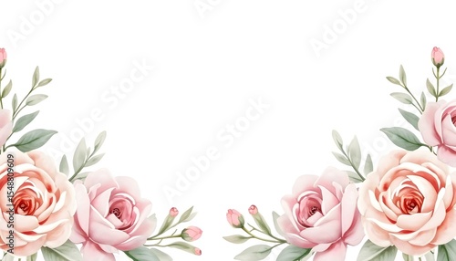 Delicate Pink Roses with Green Leaves on White Background