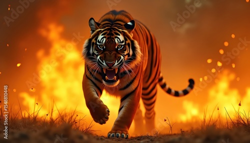A ferocious roaring tiger surrounded by fire and smoke