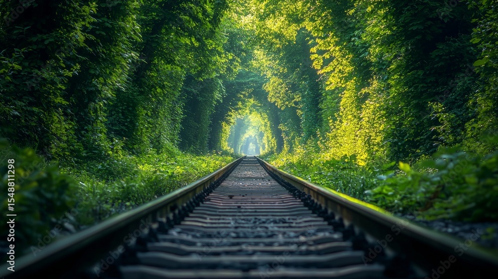 Obraz premium Lush greenery surrounding serene railway tunnel in vibrant summer forest
