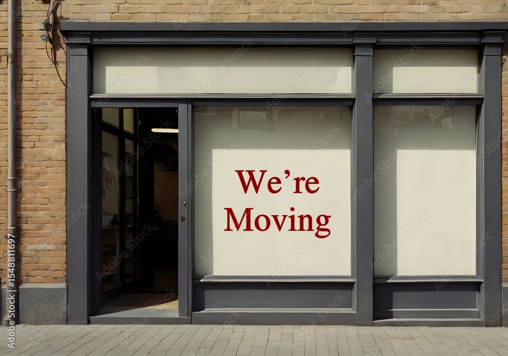 Obraz premium Business shop door closed with text written - We're moving - means store is relocating to a new place. Leaving current to settle into a new location