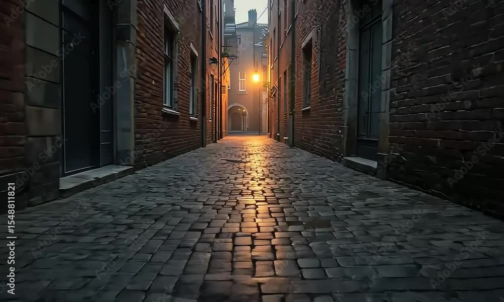 Narrow Brick Alleyway with Cobblestone Path and Puddle Reflecting Buildings at Dusk with Illuminated Light and Calm Mood Narrow Brick Alleyway with Cobblestone Path and Puddle Reflecting Buildings at Dusk with Illuminated Light and Calm Mood