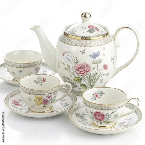 Floral Tea Set Porcelain Teapot and Cups, Gold Trim, Vintage Design, Tea Party Teacup, Teapot