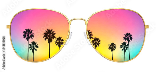 Gold aviator sunglasses with tropical sunset reflection