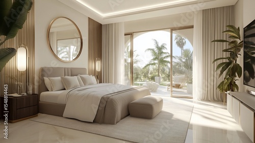 Bright bedroom w/ king bed & open doors to a sunny outdoor patio