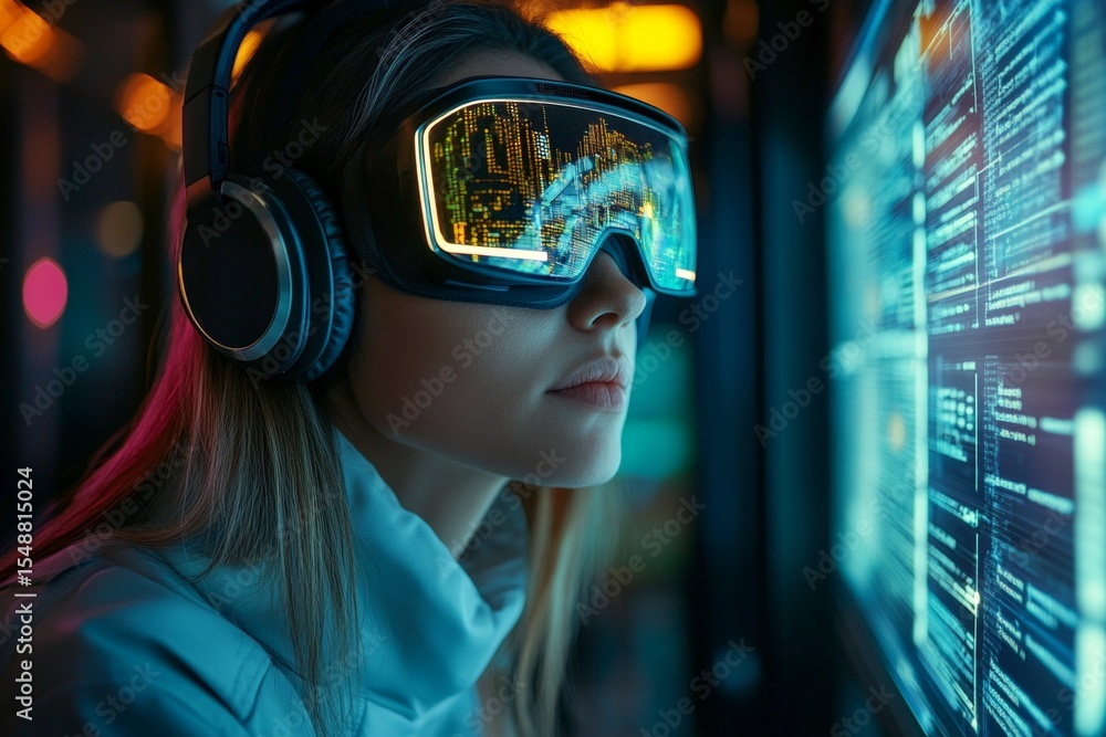 Computer scientist in lab. Conceptual art of female computer enthusiast, computer technologies. Data visualization reflections in her glasses. Background is a dark room with hosts. Computer scientist in lab. Conceptual art of female computer enthusiast, computer technologies. Data visualization reflections in her glasses. Background is a dark room with hosts.