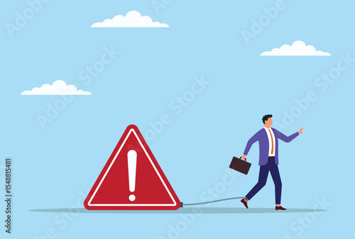 Vector illustration of a businessman chained to a warning icon, representing being confined by risks, limitations, or cautionary signs that restrict growth and freedom in business
