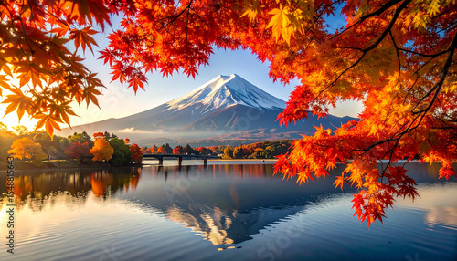 秋　もみじ　富士山　生成AI　背景　