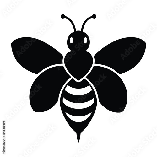 Isolated black bee silhouette displays striking striped abdomen and prominent antennae against transparency