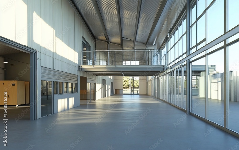 Obraz premium Open metal hangar interior with balcony, large windows, sunlight, and rolling door