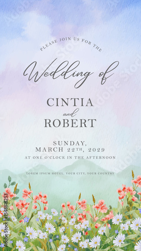 Wedding Invitation With Greenery Hills And Flowers Watercolor Painting Background