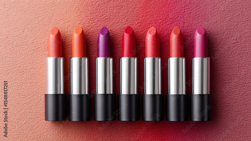 Obraz premium Vibrant lipstick collection displayed on textured surface in bold colors