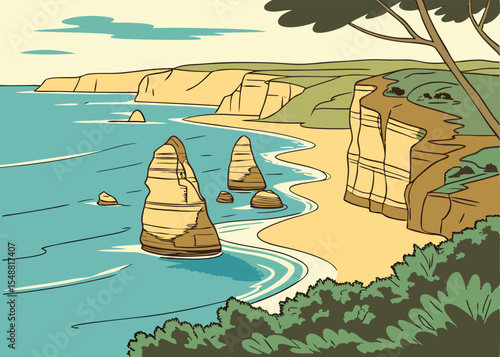 Twelve Apostles, Great Ocean Road – Vector Coastal Illustration