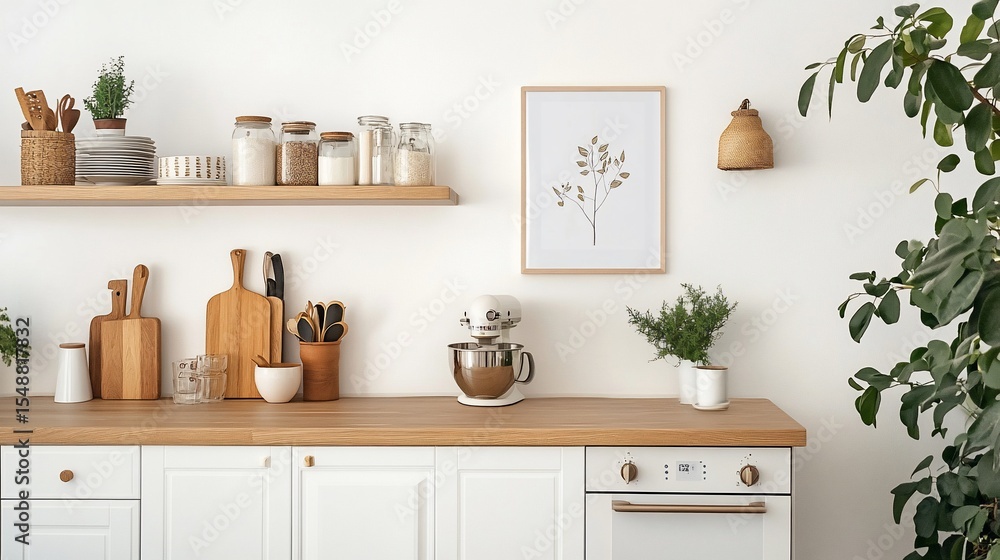Fototapeta premium Cozy kitchen scene. Wooden countertops, white cabinets, art, and plants create a serene domestic setting
