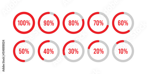 Progress Percentage Icons – Red Circular Chart Set from 10 to 100, Infographic Vector