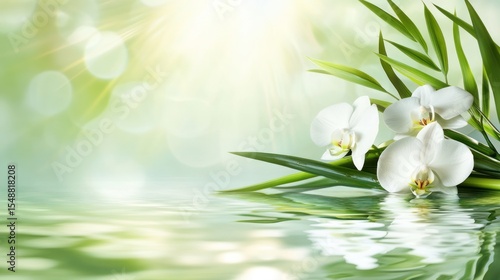 White orchids on water with green leaves