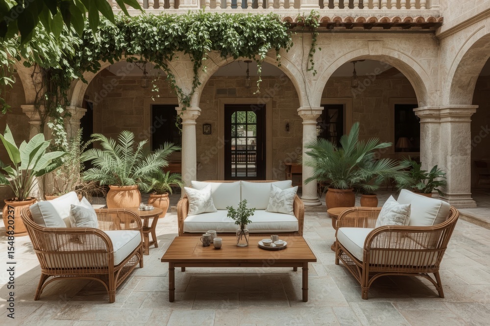 Fototapeta premium Luxury Mediterranean Villa Patio with Rustic Wooden Dining Set and Lush Potted Garden Plants