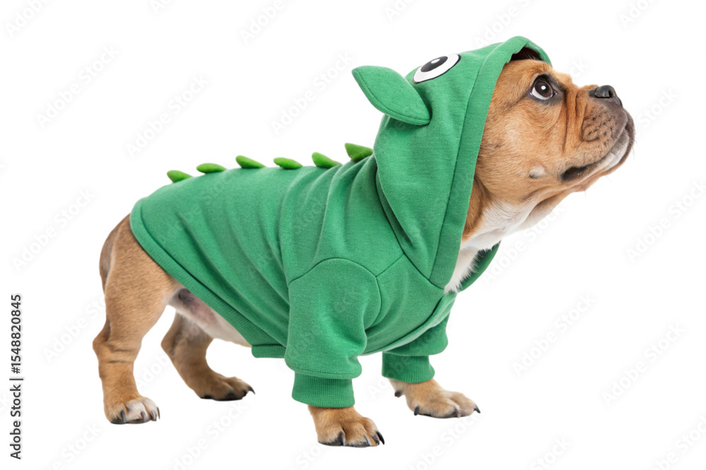 Obraz premium Adorable french bulldog in green dinosaur hoodie isolated on transparent background