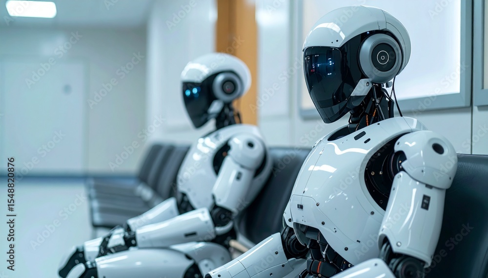 Two futuristic robots sit side-by-side on a bench Two futuristic robots sit side-by-side on a bench