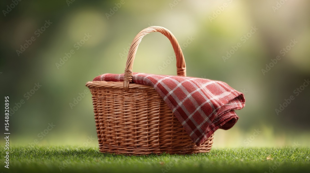 Woven Basket with Red Checkered Blanket on Green Grass Background Woven Basket with Red Checkered Blanket on Green Grass Background