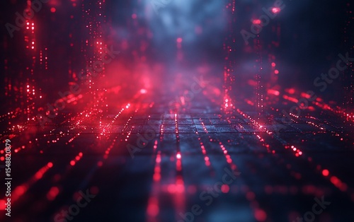 Red digital rain on dark, grid floor, receding into blurred, smoky distance
