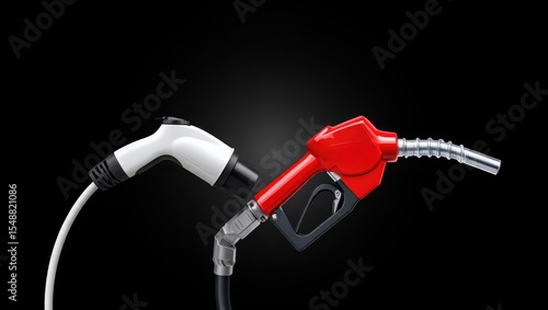 Electric Vehicle Charging Handle and Gasoline Nozzle Comparing Fuel Types in Close Up
