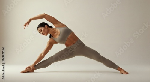 Athletic Woman in Taupe Leggings and Sports Bra Performing a Yoga or Pilates Stretch Pose