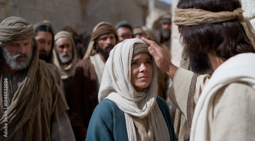 Fototapeta premium Jesus healing the blind woman, surrounded by people in ancient Jerusalem, a cinematic movie scene.