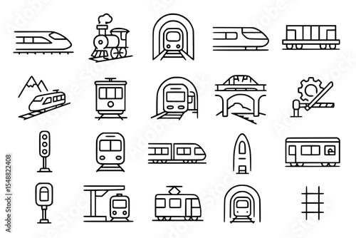 Train and Railway Transportation Line Icons Set