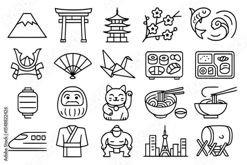 Japanese Culture and Traditional Line Icons Set