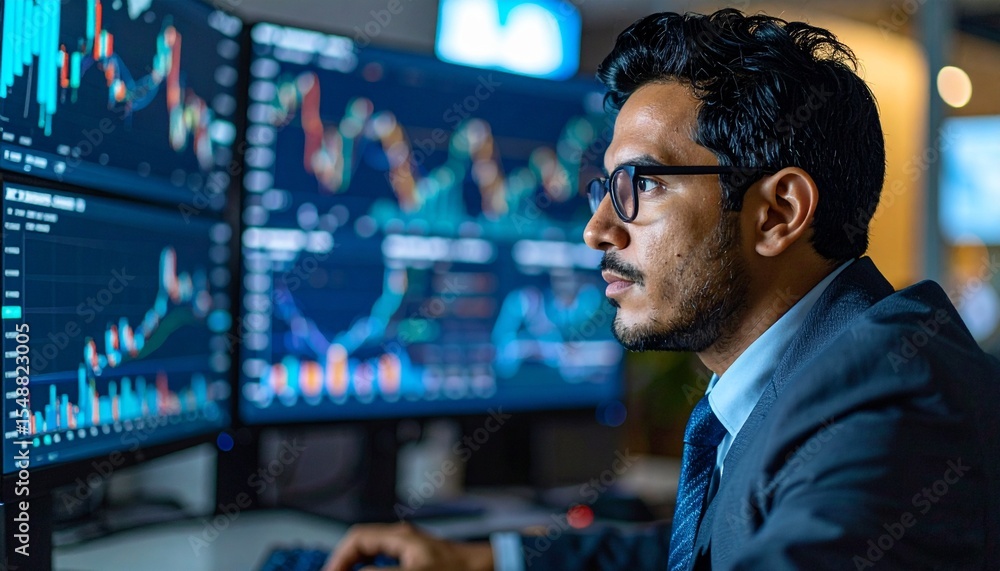 A focused trader analyzing stock charts, illuminated by monitor light in the office A focused trader analyzing stock charts, illuminated by monitor light in the office