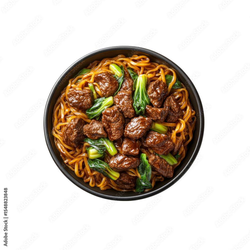Obraz premium Delicious Beef and Bok Choy Noodles in a Black Bowl