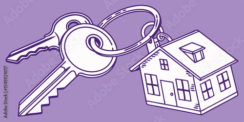 House keys with house shaped key chain, isolated on purple background vector illustration.