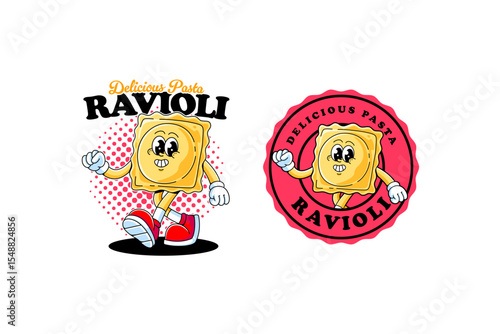 ravioli mascot character set. italian ravioli pasta cartoon in retro style. cute ravioli food logo design. animated pasta character with vintage mascot illustration for logo, sticker or food branding