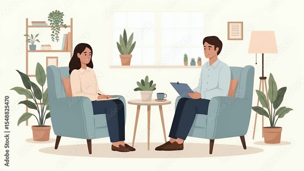 Two people in a consultation room, with plants and furniture Two people in a consultation room, with plants and furniture