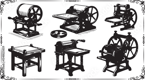 This image features an assortment of vintage printing presses and industrial machinery within a decorative frame, rendered in a detailed, illustrative style.