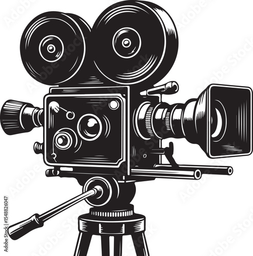  This image features a vintage film camera on a tripod, rendered in a detailed, illustrative style, evoking classic cinema and filmmaking
